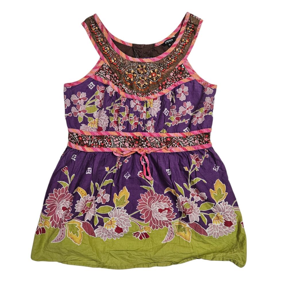Beaded Boho Tank Top Colorful Cotton Tie Front - Size 14